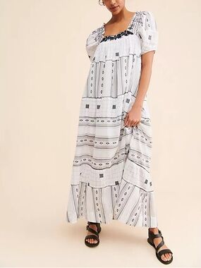 Free People Jamie Embroidered Black White Puff Sleeve Tie Low Back Maxi Dress S
